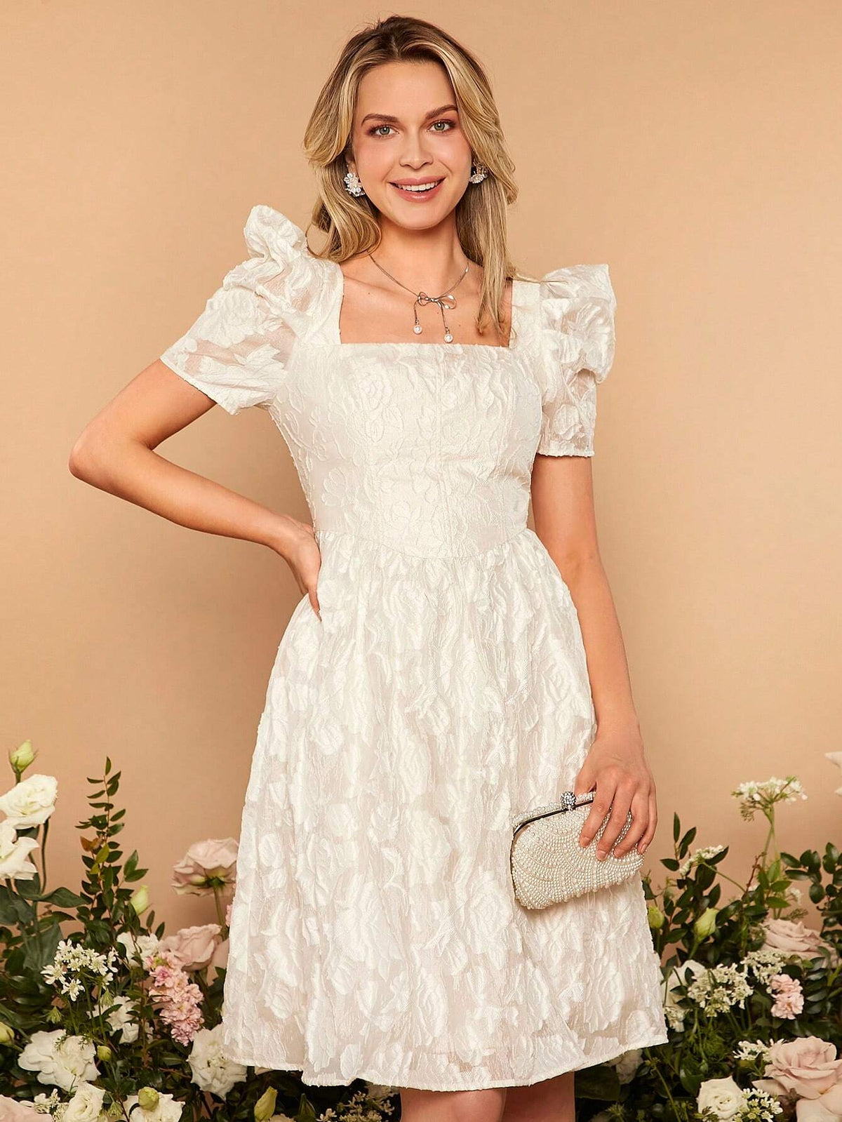 Square Neck Puff Sleeve Jacquard Flower Applique Organza Bridesmaid Dress