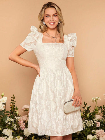 Square Neck Puff Sleeve Jacquard Flower Applique Organza Bridesmaid Dress
