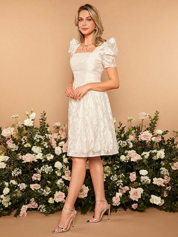 Square Neck Puff Sleeve Jacquard Flower Applique Organza Bridesmaid Dress