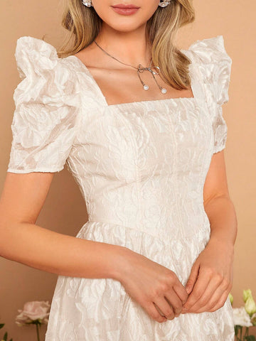 Square Neck Puff Sleeve Jacquard Flower Applique Organza Bridesmaid Dress