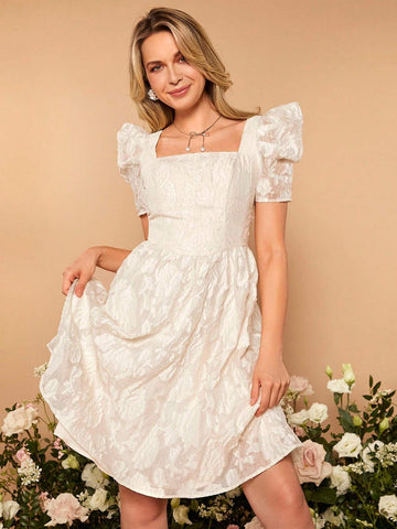 Square Neck Puff Sleeve Jacquard Flower Applique Organza Bridesmaid Dress