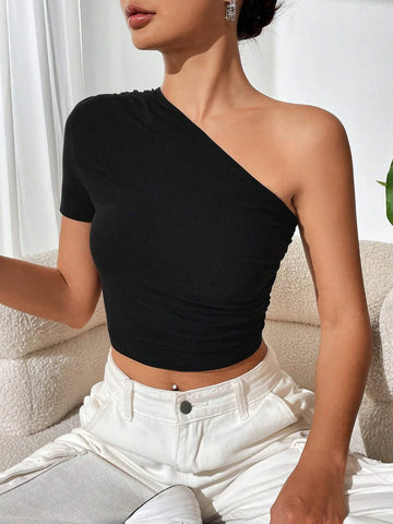 EZwear One Shoulder Ruched Side Crop Tee