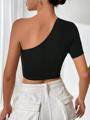 EZwear One Shoulder Ruched Side Crop Tee