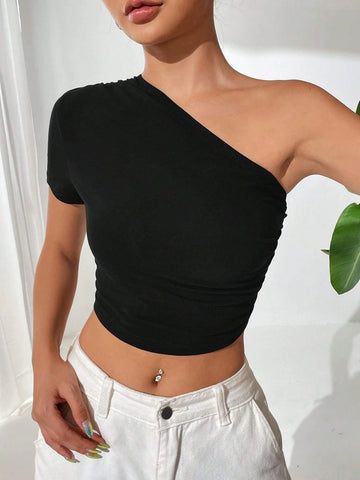 EZwear One Shoulder Ruched Side Crop Tee