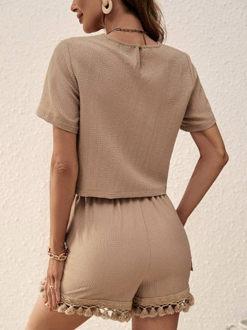 EMERY ROSE Solid Round Neck Blouse & Lace Trim Shorts