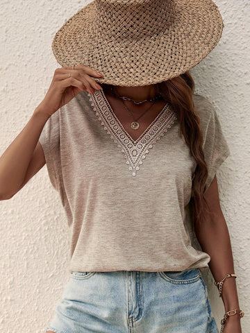 EMERY ROSE Guipure Lace Panel Batwing Sleeve Tee