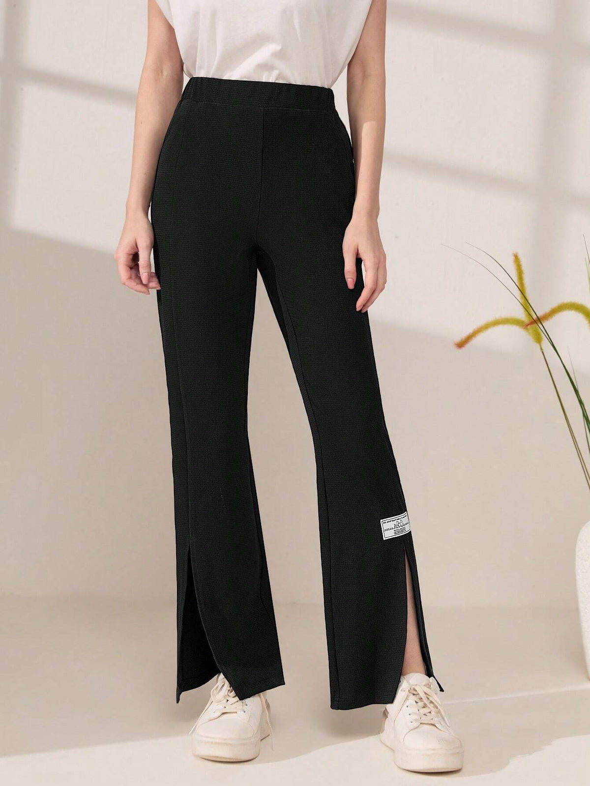 Letter Patched Split Hem Flare Leg Pants