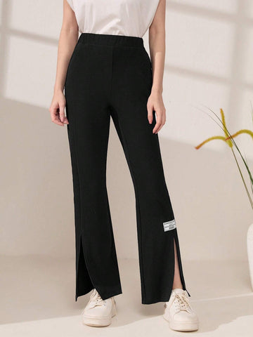Letter Patched Split Hem Flare Leg Pants