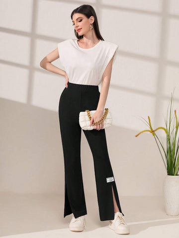 Letter Patched Split Hem Flare Leg Pants