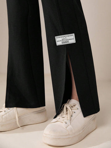 Letter Patched Split Hem Flare Leg Pants