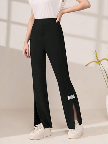 Letter Patched Split Hem Flare Leg Pants