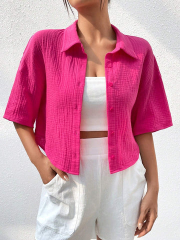 Solid Drop Shoulder Button Front Shirt Without Cami Top