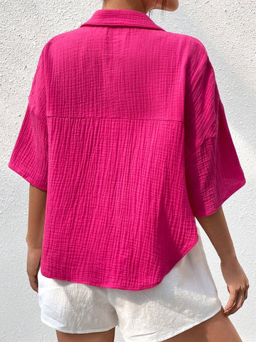 Solid Drop Shoulder Button Front Shirt Without Cami Top