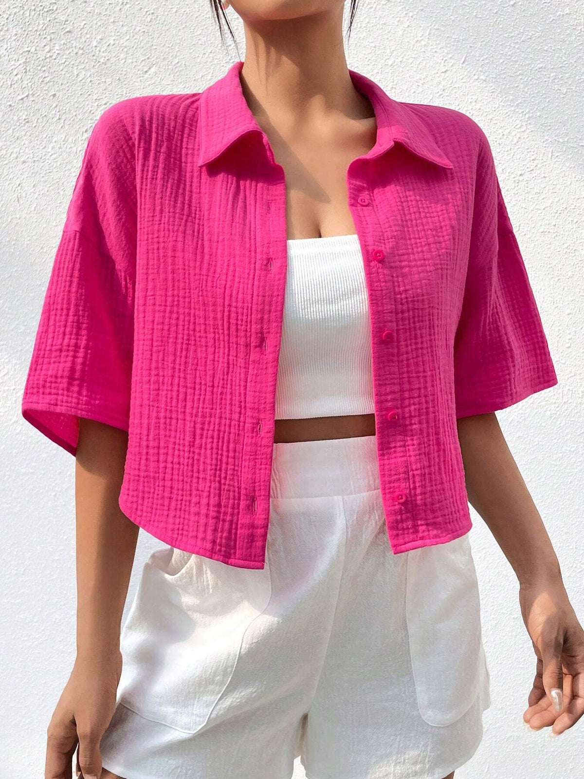 Solid Drop Shoulder Button Front Shirt Without Cami Top