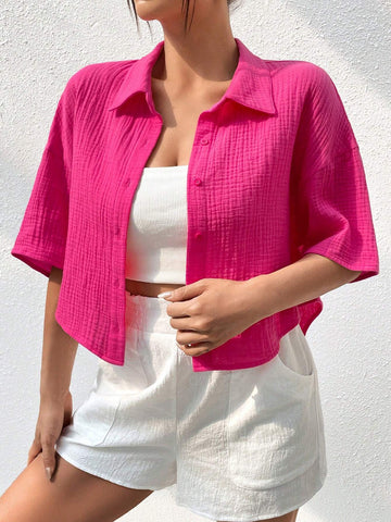 Solid Drop Shoulder Button Front Shirt Without Cami Top