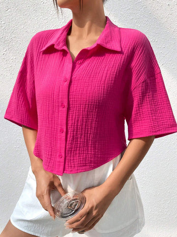 Solid Drop Shoulder Button Front Shirt Without Cami Top