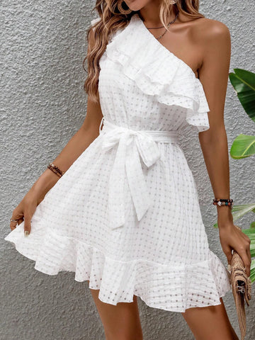 One Shoulder Ruffle Trim Belted Dress