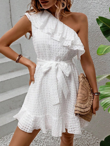 One Shoulder Ruffle Trim Belted Dress