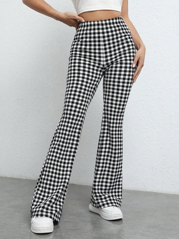 EZwear Gingham Print Flare Leg Pants