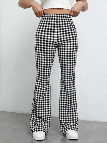 EZwear Gingham Print Flare Leg Pants