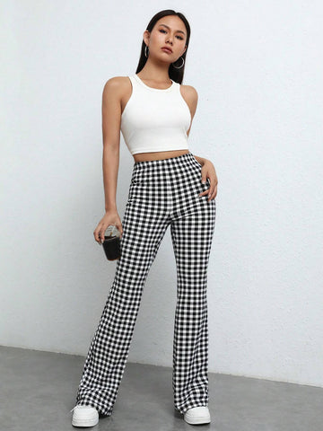 EZwear Gingham Print Flare Leg Pants