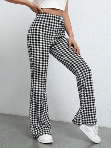EZwear Gingham Print Flare Leg Pants