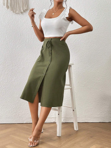 Frenchy Button Front Knot Front Skirt