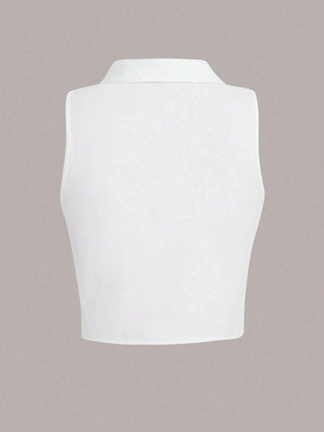 EZwear Solid Button Front Sleeveless Crop Blouse