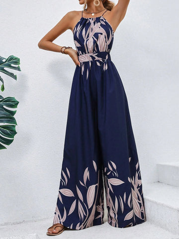 Plants Print Belted Wide Leg Cami Jumpsuit