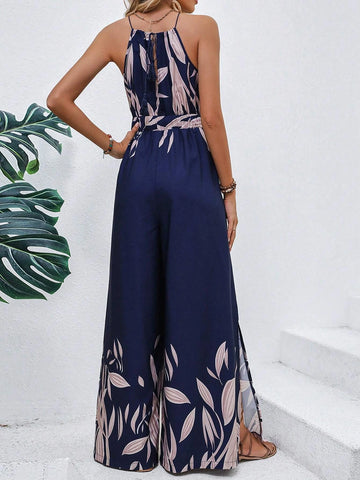 Plants Print Belted Wide Leg Cami Jumpsuit