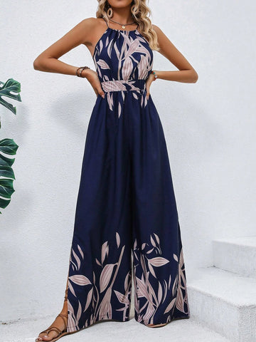 Plants Print Belted Wide Leg Cami Jumpsuit