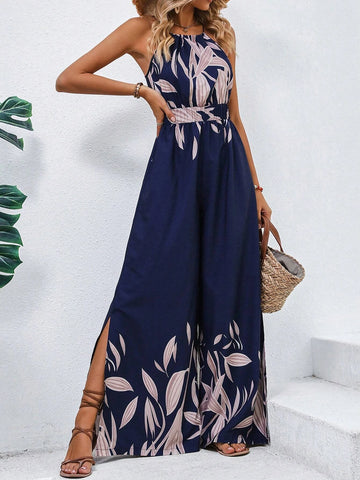 Plants Print Belted Wide Leg Cami Jumpsuit