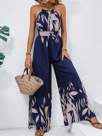 Plants Print Belted Wide Leg Cami Jumpsuit