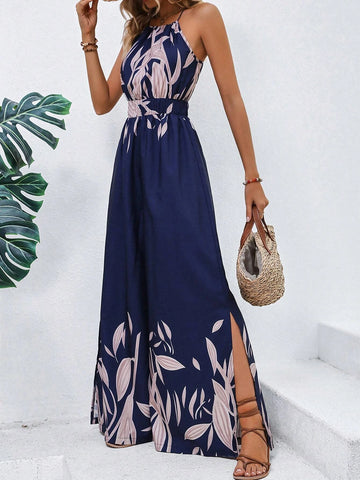 Plants Print Belted Wide Leg Cami Jumpsuit