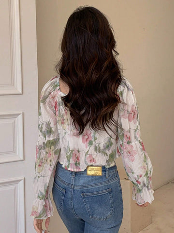 Floral Print Flounce Sleeve Crop Blouse