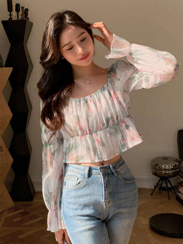 Floral Print Flounce Sleeve Crop Blouse