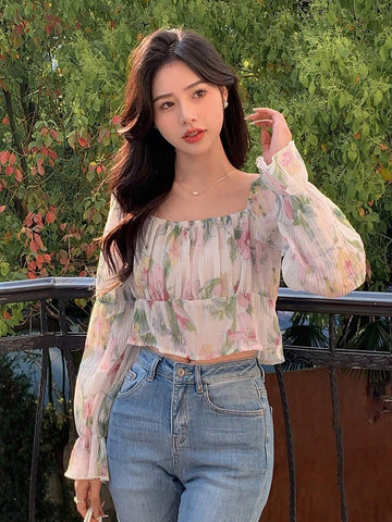 Floral Print Flounce Sleeve Crop Blouse