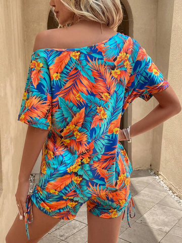EMERY ROSE Tropical Print Batwing Sleeve Tee & Drawstring Side Shorts