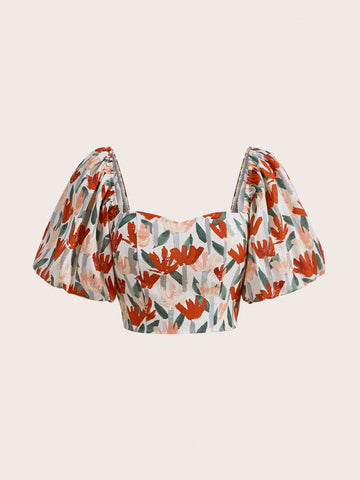 Floral Print Puff Sleeve Crop Blouse