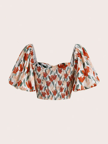 Floral Print Puff Sleeve Crop Blouse