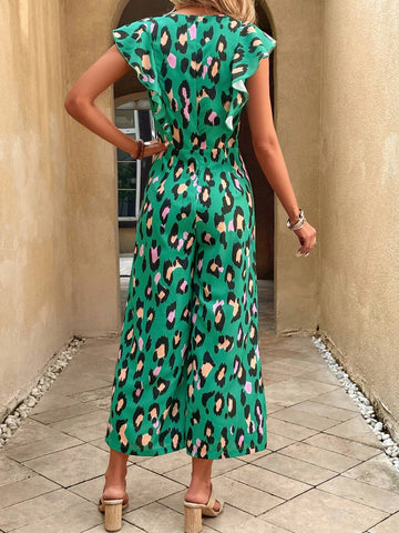EMERY ROSE Allover Print Ruffle Trim Wide Leg Jumpsuit