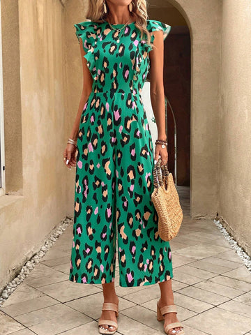 EMERY ROSE Allover Print Ruffle Trim Wide Leg Jumpsuit