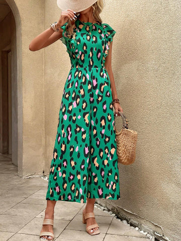 EMERY ROSE Allover Print Ruffle Trim Wide Leg Jumpsuit