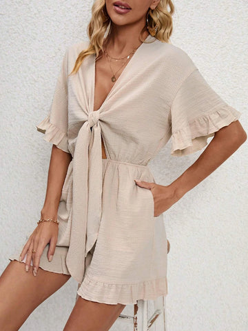 EMERY ROSE Flounce Sleeve Knot Front Ruffle Hem Romper