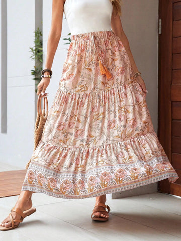 EMERY ROSE Floral Print Tassel Tie Waist Ruffle Hem Skirt