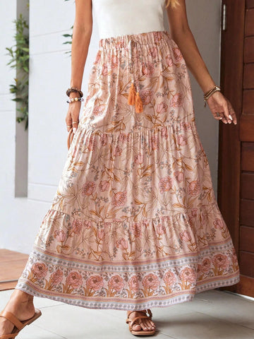 EMERY ROSE Floral Print Tassel Tie Waist Ruffle Hem Skirt
