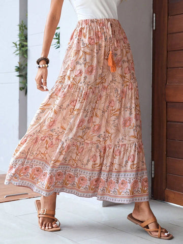 EMERY ROSE Floral Print Tassel Tie Waist Ruffle Hem Skirt