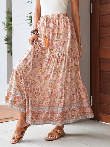 EMERY ROSE Floral Print Tassel Tie Waist Ruffle Hem Skirt