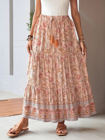 EMERY ROSE Floral Print Tassel Tie Waist Ruffle Hem Skirt
