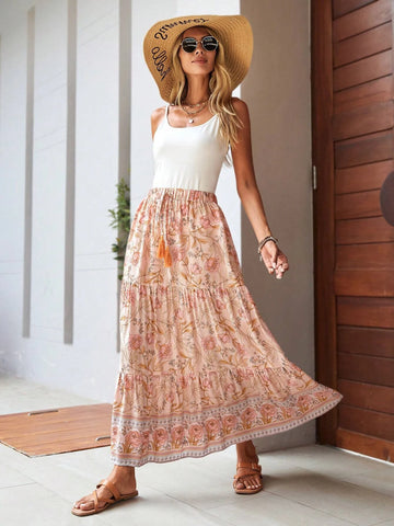 EMERY ROSE Floral Print Tassel Tie Waist Ruffle Hem Skirt